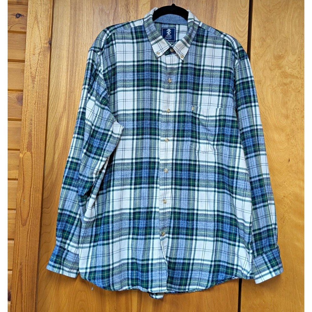 IZOD Shirt Mens XL Plaid Flannel Long Sleeve Button-Down Green Blue White